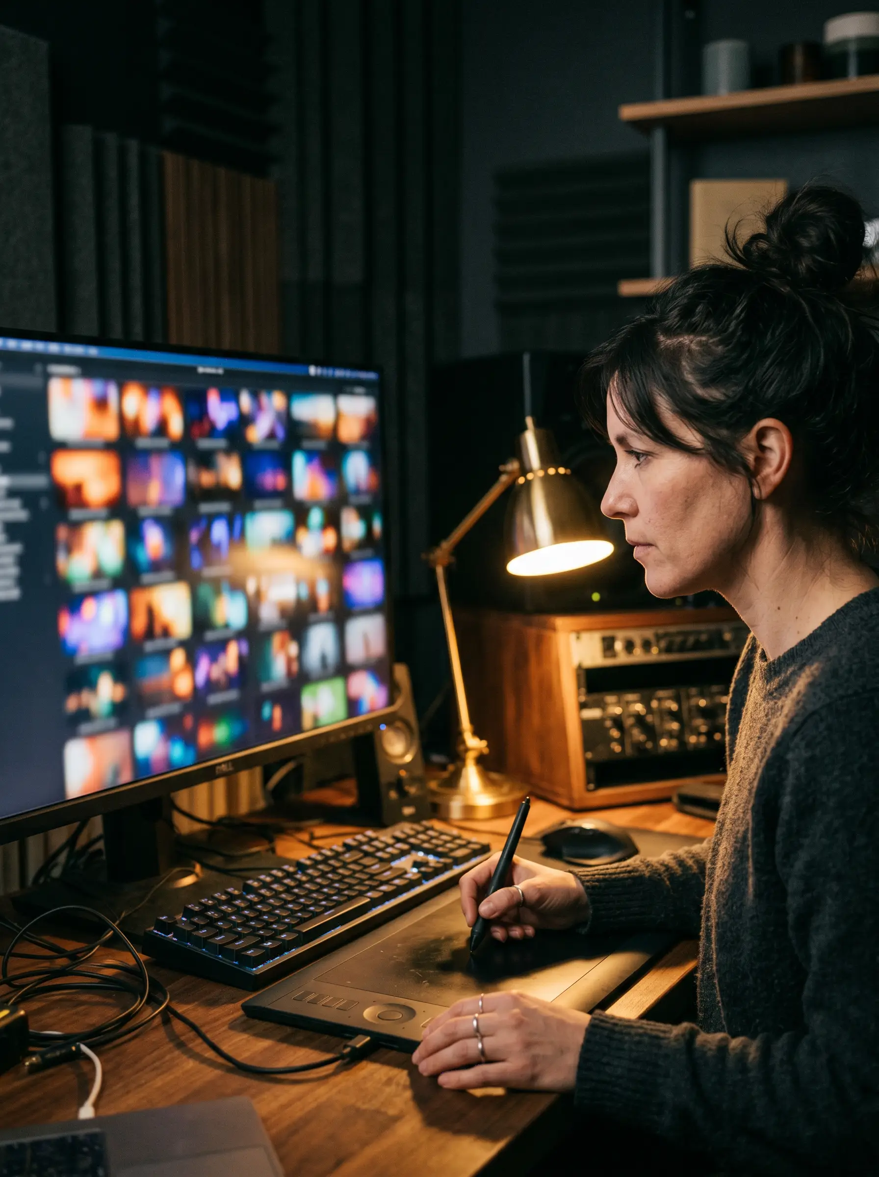 Editor reviewing content on a monitor.