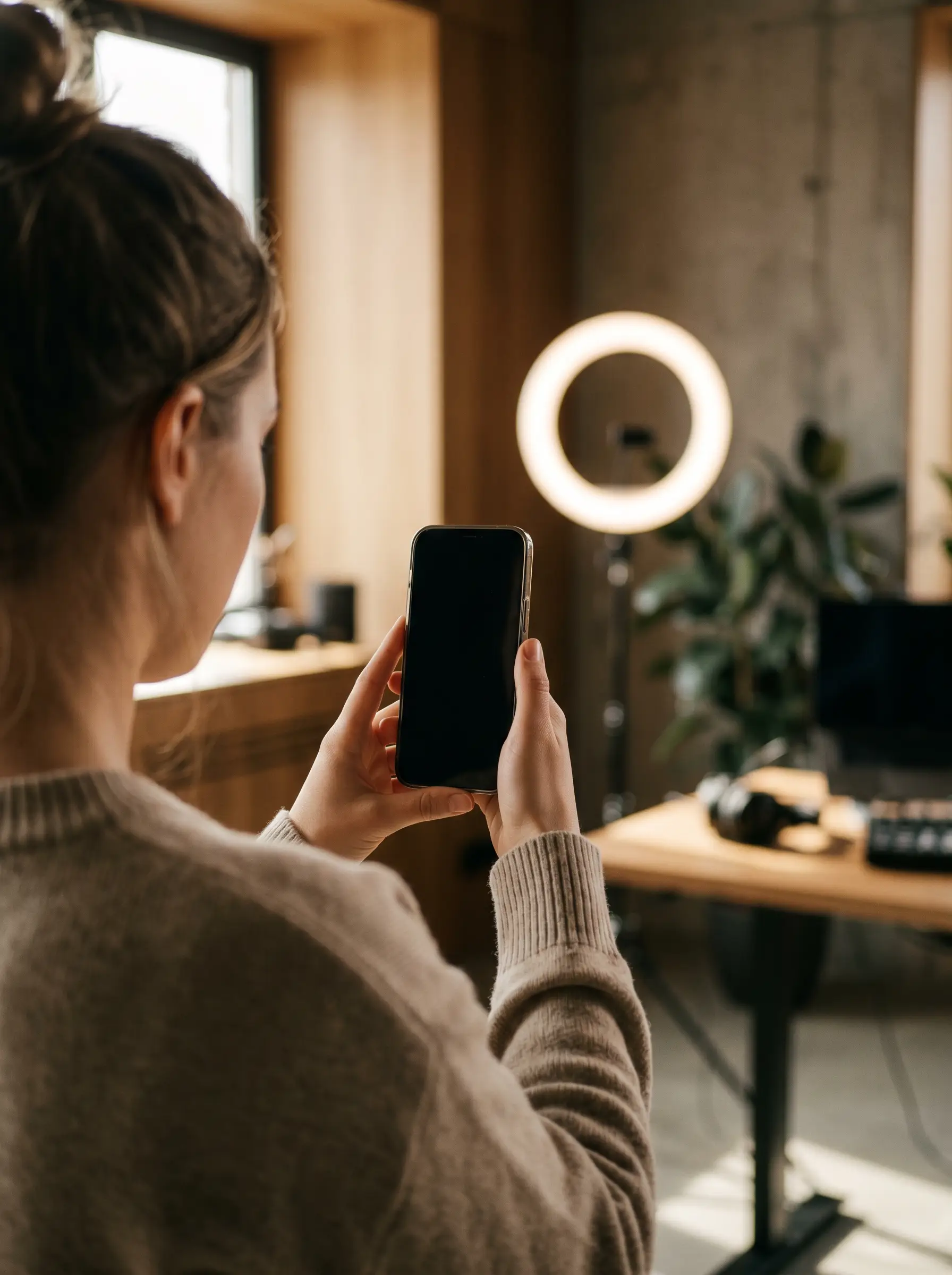 Creator filming vertical content with a ring light.